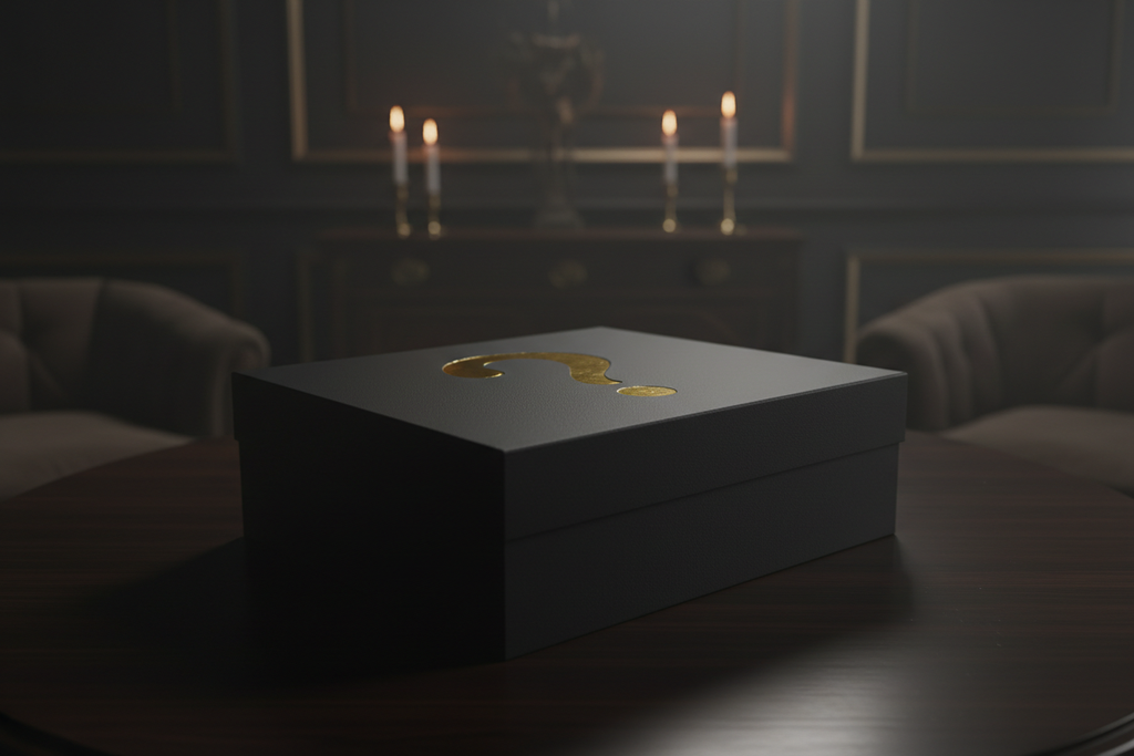 gosto da caixa, mas podes colocar algo no background? ela pode estar em cima de uma mesa num ambiente misterioso mas elegante e escuro